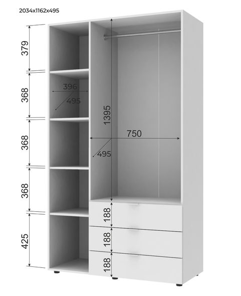 Розпашна Шафа для одягу Doros Гелар Білий 3 ДСП 116,2х49,5х203,4 (80397641) — Morfey.ua